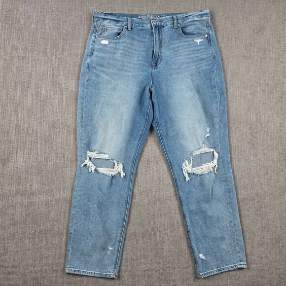 American Eagle Outfitters Denim - American Eagle Mom Jeans Womens 16 Reg High Rise Distressed Ripped Knee Blue